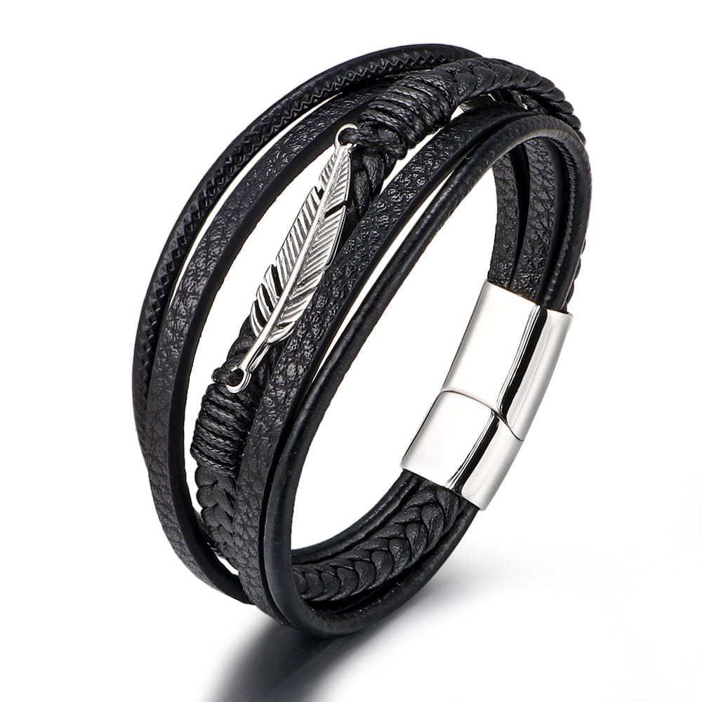 Bratara-barbati-piele-naturala-negru-Frunza