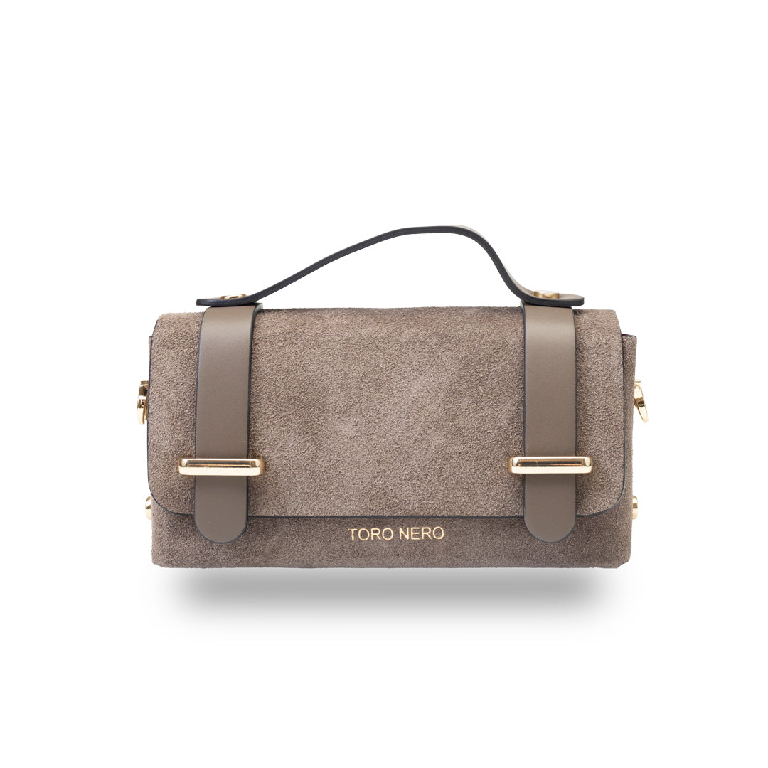 Damenhandtasche aus taupefarbenem echtem Leder – Veloursleder Natalia