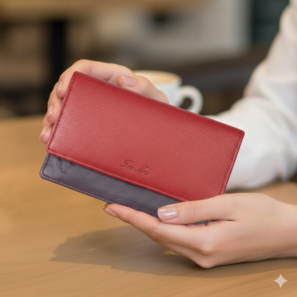 Damenportemonnaie aus echtem Leder, rot-lila Cloudy, RFID-Schutz