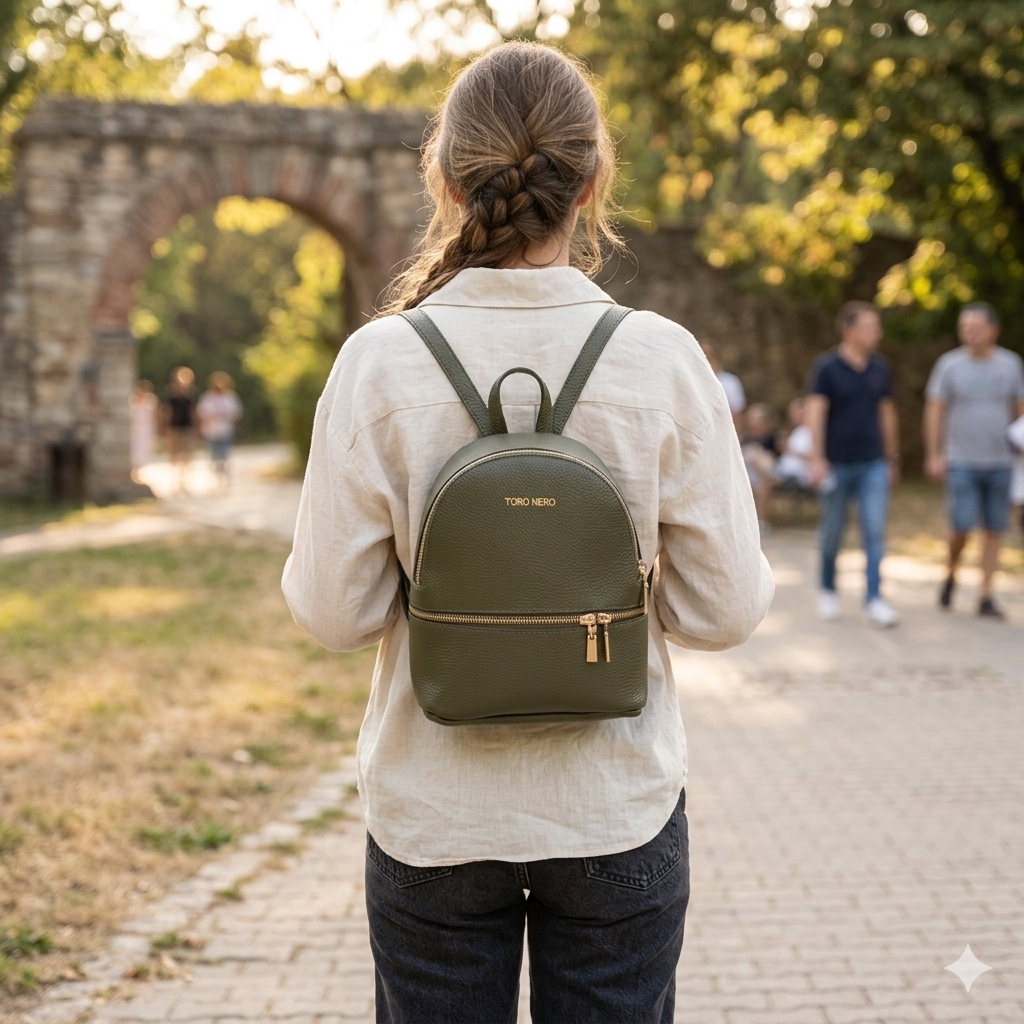 Damenrucksack aus echtem Leder in Armeegrün Teen Spirit