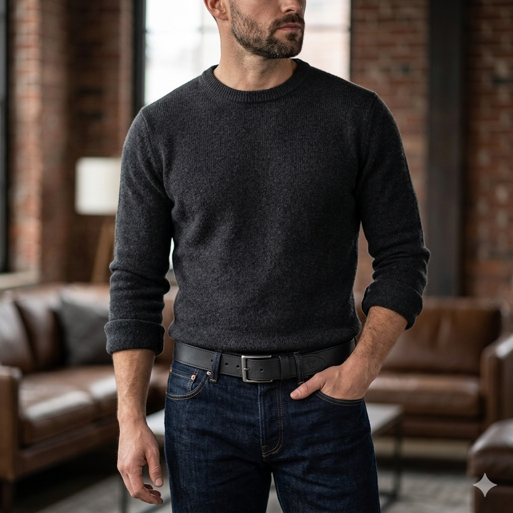 Herrengürtel aus echtem schwarzem Leder Denim
