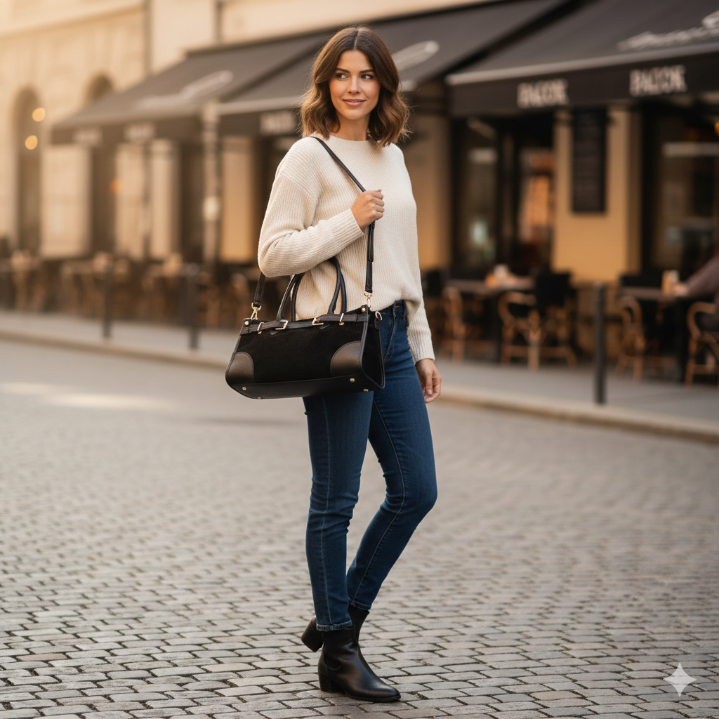 Damenhandtasche aus echtem Leder schwarz Evelin