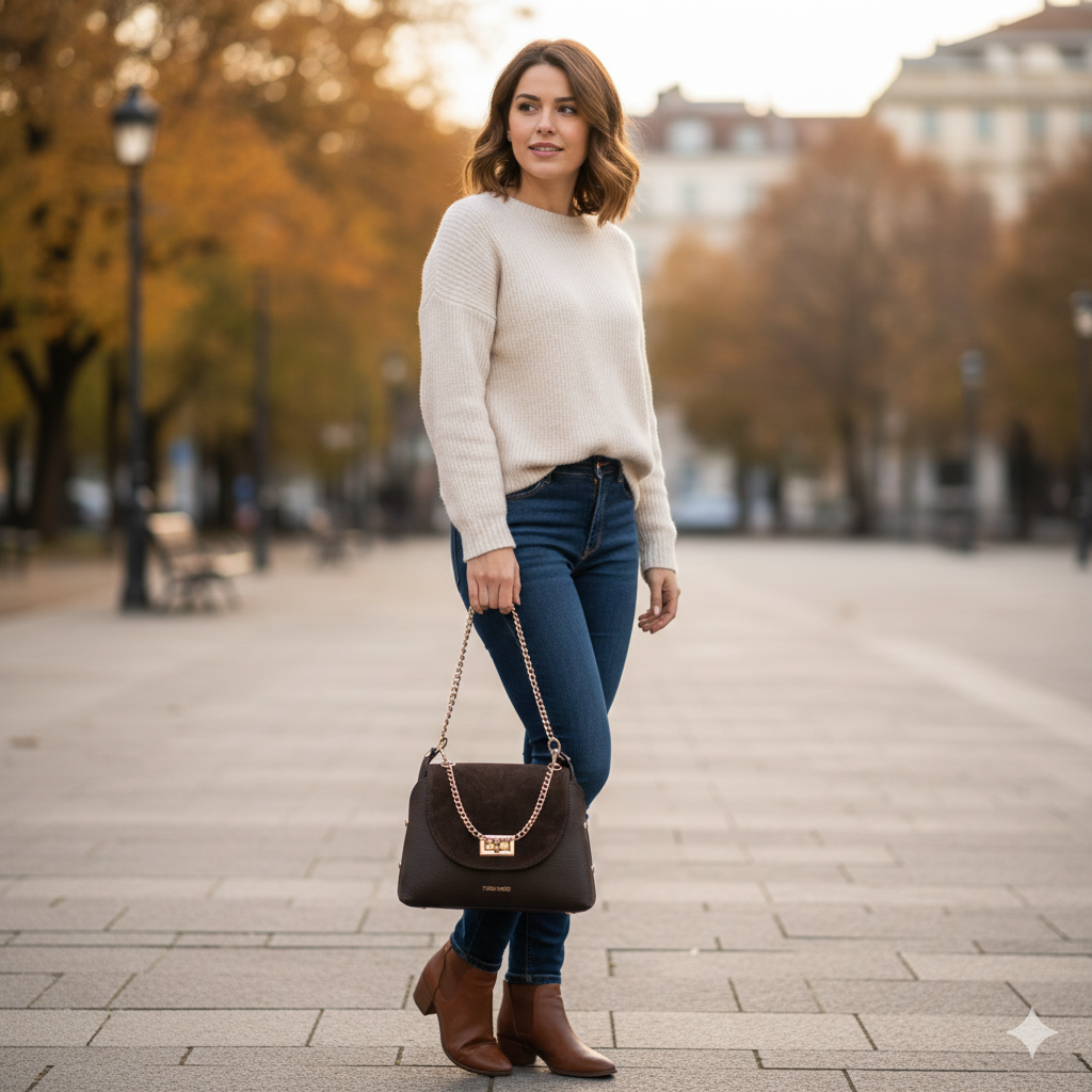 Damenhandtasche aus Veloursleder, dunkelbraun Raisa