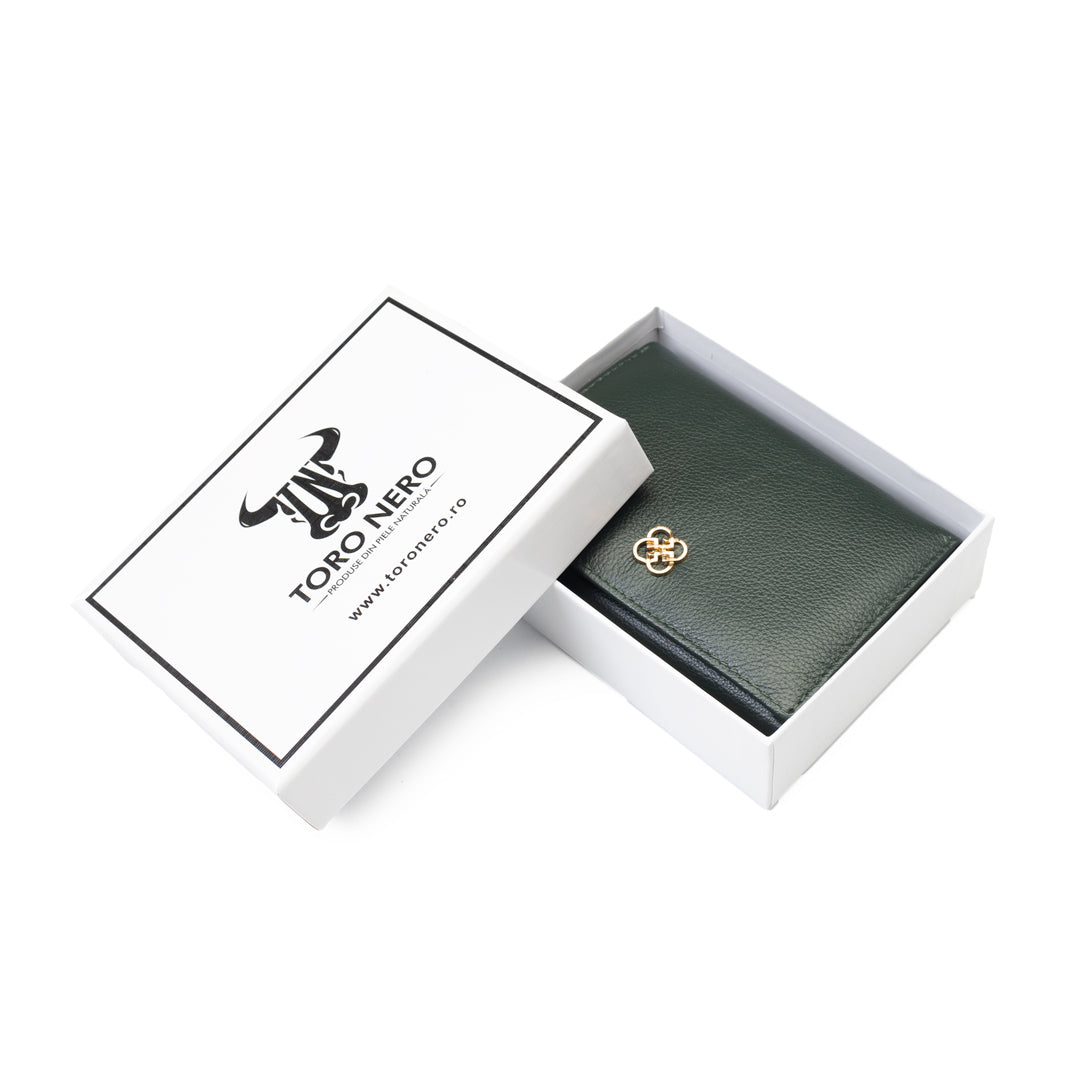 Portefeuille en cuir véritable vert pour femme - détail Little